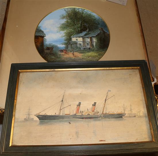 19C English School, Paddle steamer, watercolour and a pair of gouache landscapes